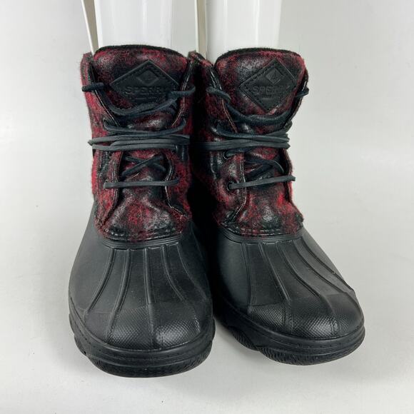 Sperry wedge duck boots women’s 6.5 black red Buffalo check fall slip on secret - Picture 4 of 11